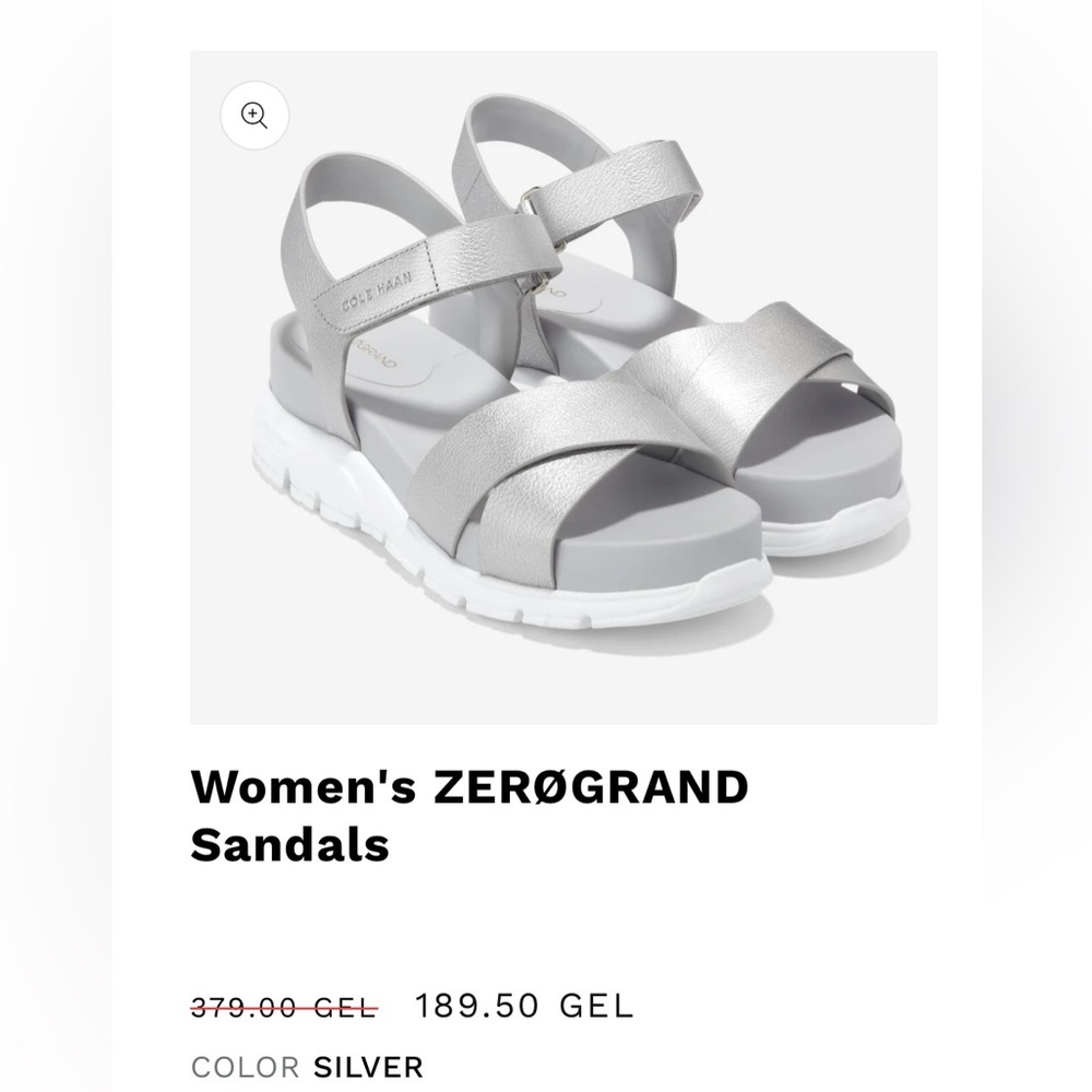 Cole Haan Zero Grand Sandal Metallic Silver size 10 New condition